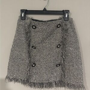 Tweed Fringe Mini Skirt with Decorative Buttons - Gray